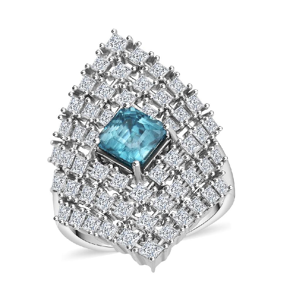 shop lc D'Joy Asscher Cut Premium Cambodian Blue Zircon and Moissanite 4.00 ctw Royal Lattice Ring in Rhodium Over Sterling Silver