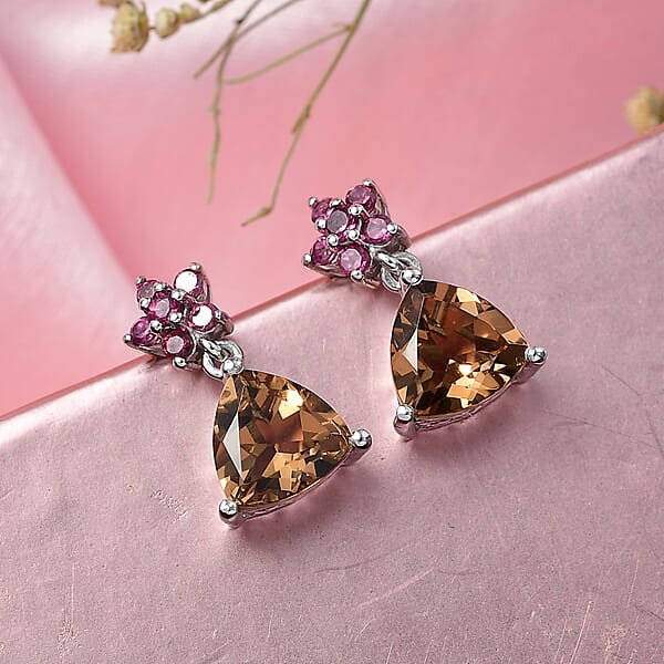 Shop Lc D'Joy Autumn Alexite And Orissa Rhodolite Garnet 3.85 Ctw Floral Earrings In Platinum Over Sterling Silver
