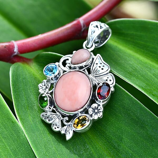 Shop Lc D'Joy Bali Legacy Pink Opal And Multi Gemstone 5.40 Ctw Floral And Butterfly Pendant In Sterling Silver