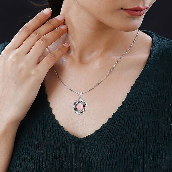 Shop Lc D'Joy Bali Legacy Pink Opal And Multi Gemstone 5.40 Ctw Floral And Butterfly Pendant In Sterling Silver