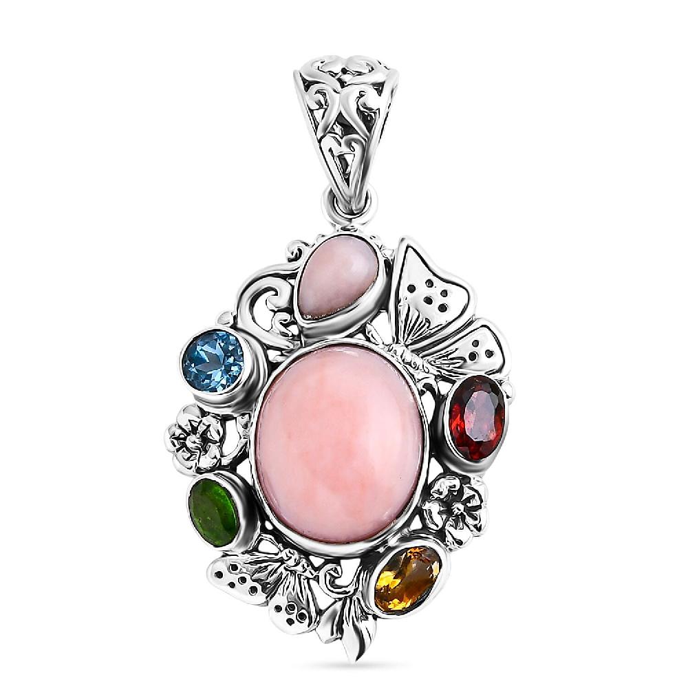 shop lc D'Joy Bali Legacy Pink Opal and Multi Gemstone 5.40 ctw Floral and Butterfly Pendant in Sterling Silver