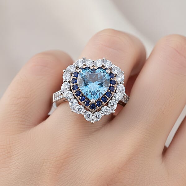 Shop Lc D'Joy Blue And White Moissanite And Blue Sapphire 3.10 Ctw Crowned Heart Glow Ring In Rhodium Over Sterling Silver