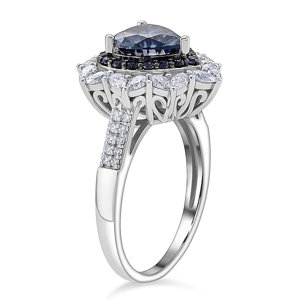 Shop Lc D'Joy Blue And White Moissanite And Blue Sapphire 3.10 Ctw Crowned Heart Glow Ring In Rhodium Over Sterling Silver