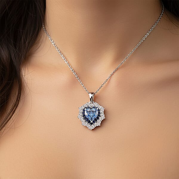 Shop Lc D'Joy Blue And White Moissanite And Blue Sapphire 3.00 Ctw Crowned Heart Glow Pendant Necklace In Rhodium Over Sterling Silver 18 Inches