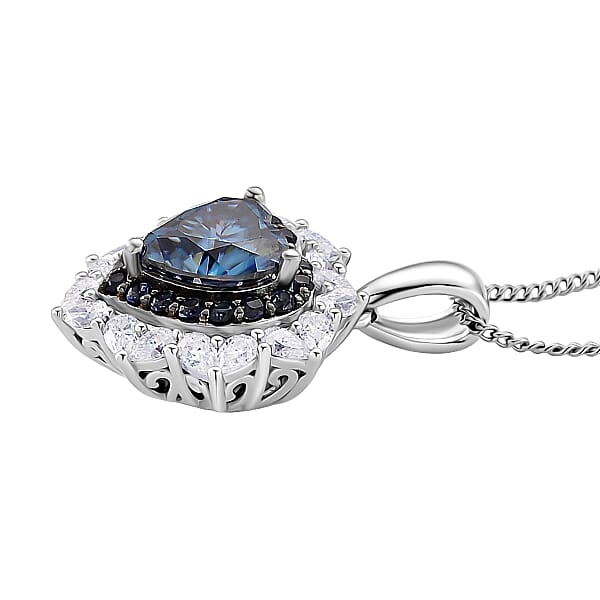 Shop Lc D'Joy Blue And White Moissanite And Blue Sapphire 3.00 Ctw Crowned Heart Glow Pendant Necklace In Rhodium Over Sterling Silver 18 Inches