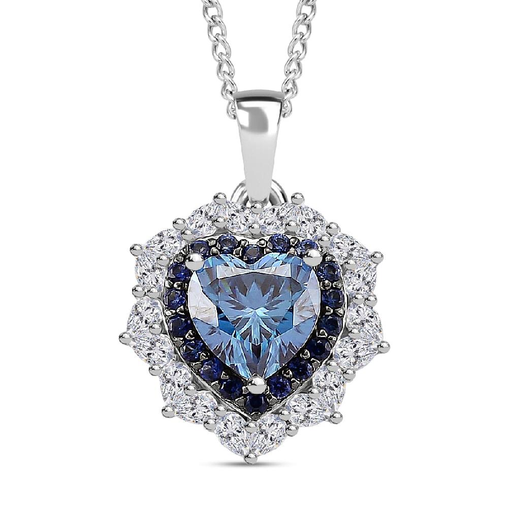 shop lc D'Joy Blue and White Moissanite and Blue Sapphire 3.00 ctw Crowned Heart Glow Pendant Necklace in Rhodium Over Sterling Silver 18 Inches