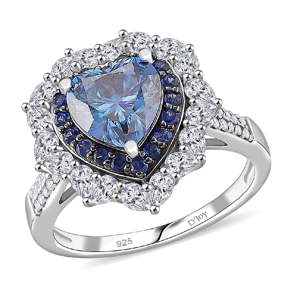 shop lc D'Joy Blue and White Moissanite and Blue Sapphire 3.10 ctw Crowned Heart Glow Ring in Rhodium Over Sterling Silver