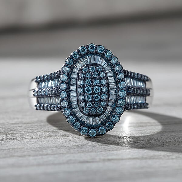 Shop Lc D'Joy Blue Diamond 1.00 Ctw Cocktail Cluster Ring In Rhodium Over Sterling Silver