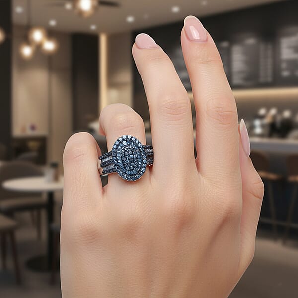 Shop Lc D'Joy Blue Diamond 1.00 Ctw Cocktail Cluster Ring In Rhodium Over Sterling Silver
