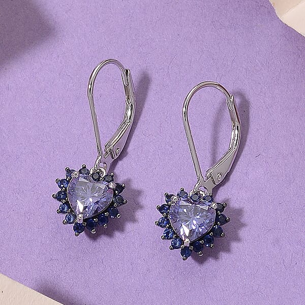 Shop Lc D'Joy Blue Moissanite And Blue Sapphire 2.10 Ctw Crowned Heart Glow Earrings In Rhodium Over Sterling Silver