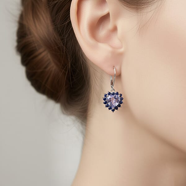 Shop Lc D'Joy Blue Moissanite And Blue Sapphire 2.10 Ctw Crowned Heart Glow Earrings In Rhodium Over Sterling Silver