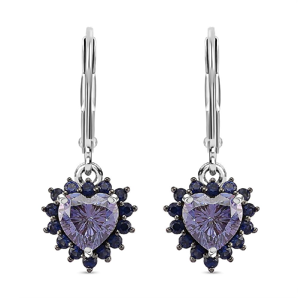 shop lc D'Joy Blue Moissanite and Blue Sapphire 2.10 ctw Crowned Heart Glow Earrings in Rhodium Over Sterling Silver