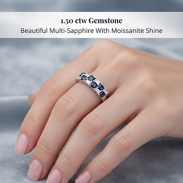 Shop Lc D'Joy Blue Sapphire And Moissanite 1.50 Ctw Midnight Lineage Ring In Rhodium Over Sterling Silver