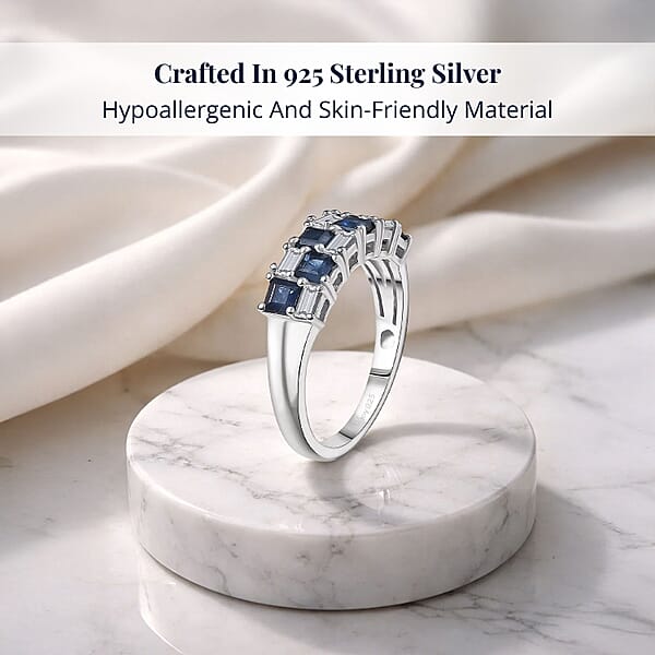 Shop Lc D'Joy Blue Sapphire And Moissanite 1.50 Ctw Midnight Lineage Ring In Rhodium Over Sterling Silver