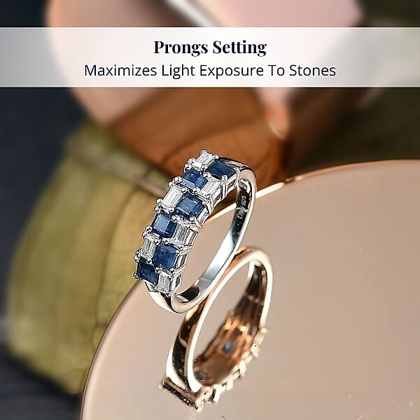 Shop Lc D'Joy Blue Sapphire And Moissanite 1.50 Ctw Midnight Lineage Ring In Rhodium Over Sterling Silver