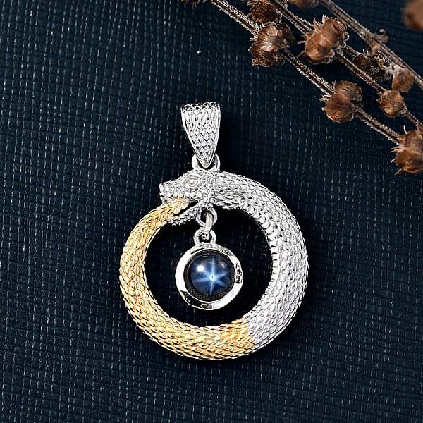 Shop Lc D'Joy Blue Star Sapphire (DF) 1.70 Ctw Ouroboros Pendant Without Chain In 14K YG And Rhodium Over Sterling Silver
