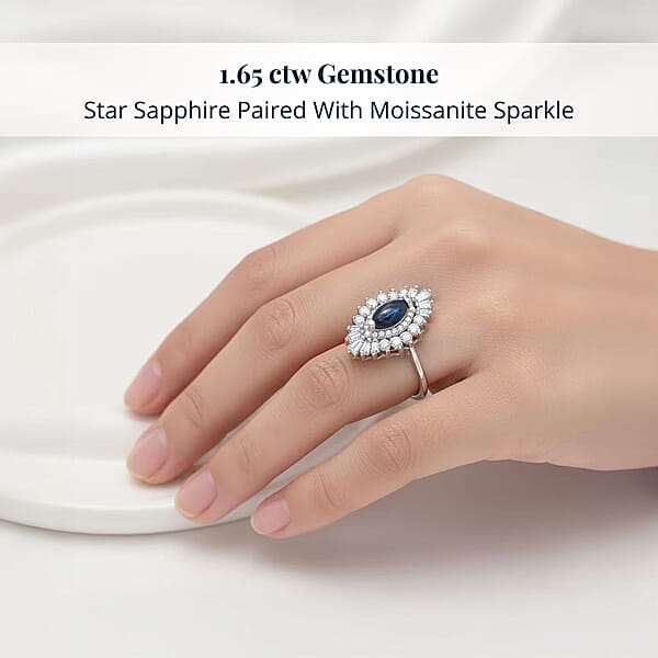 Shop Lc D'Joy Blue Star Sapphire (DF) And Moissanite 1.65 Ctw Crown Ray Ring In Rhodium Over Sterling Silver
