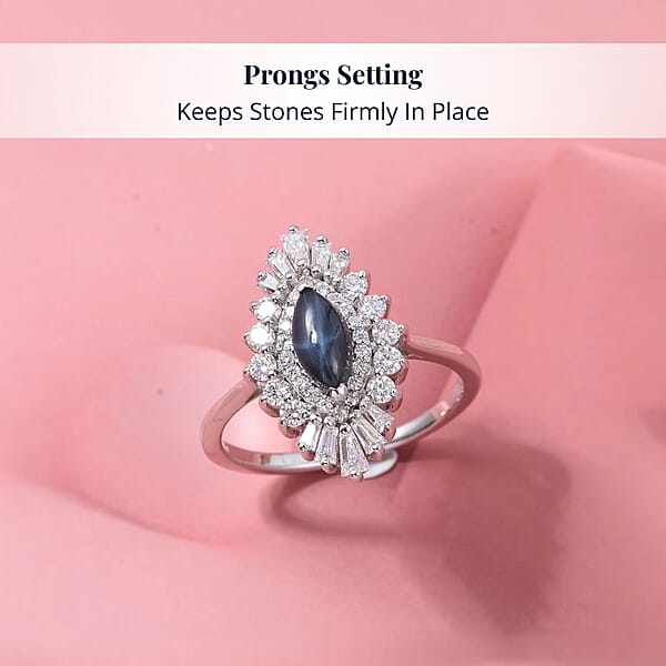 Shop Lc D'Joy Blue Star Sapphire (DF) And Moissanite 1.65 Ctw Crown Ray Ring In Rhodium Over Sterling Silver