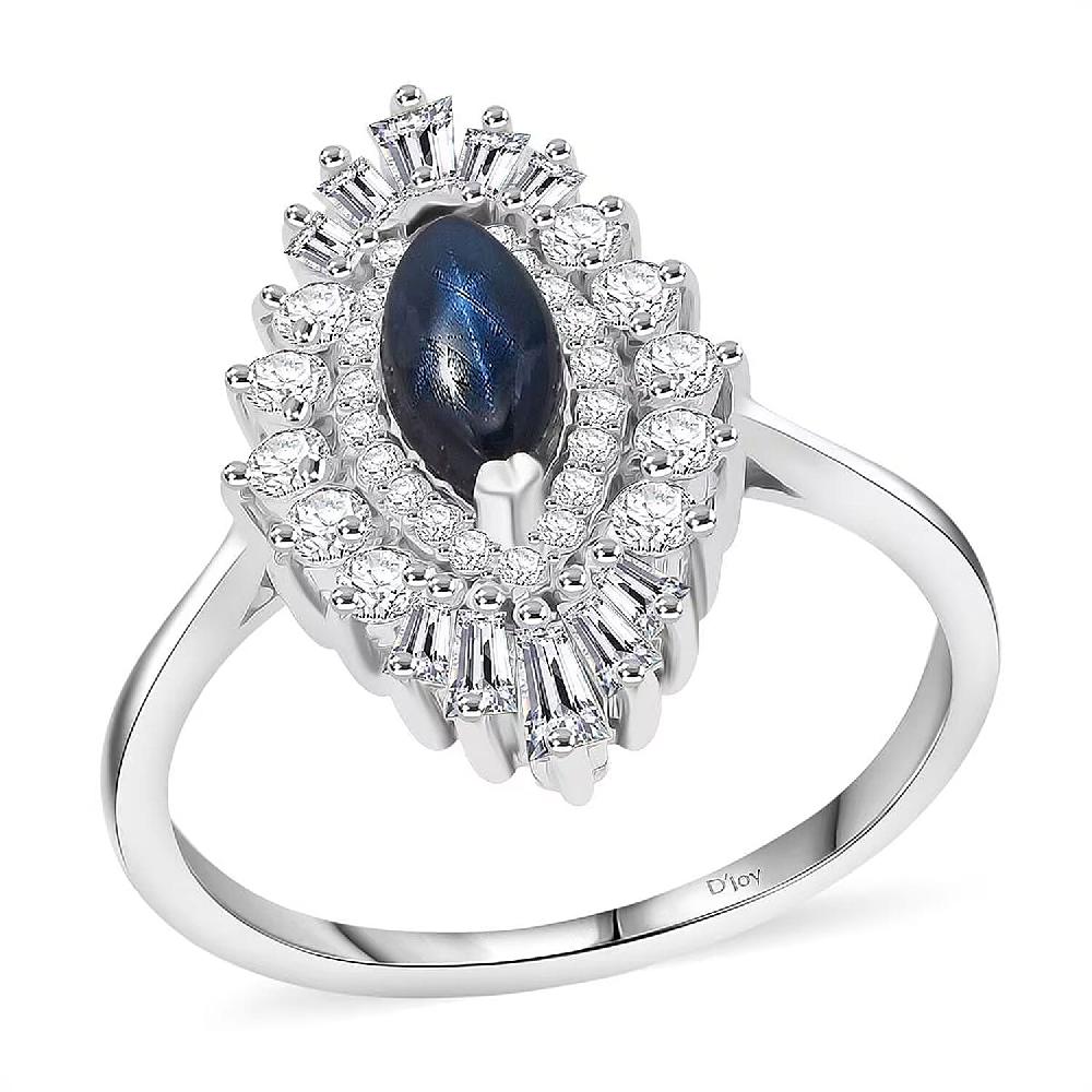 shop lc D'Joy Blue Star Sapphire (DF) and Moissanite 1.65 ctw Crown Ray Ring in Rhodium Over Sterling Silver