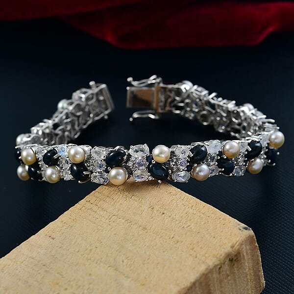 Shop Lc D'Joy Blue Star Sapphire (DF) And Multi Gemstone 23.50 Ctw Celestial Tapestry Bracelet In Rhodium Over Sterling Silver (7.25 In)