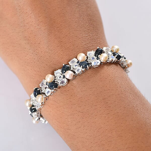 Shop Lc D'Joy Blue Star Sapphire (DF) And Multi Gemstone 23.50 Ctw Celestial Tapestry Bracelet In Rhodium Over Sterling Silver (7.25 In)