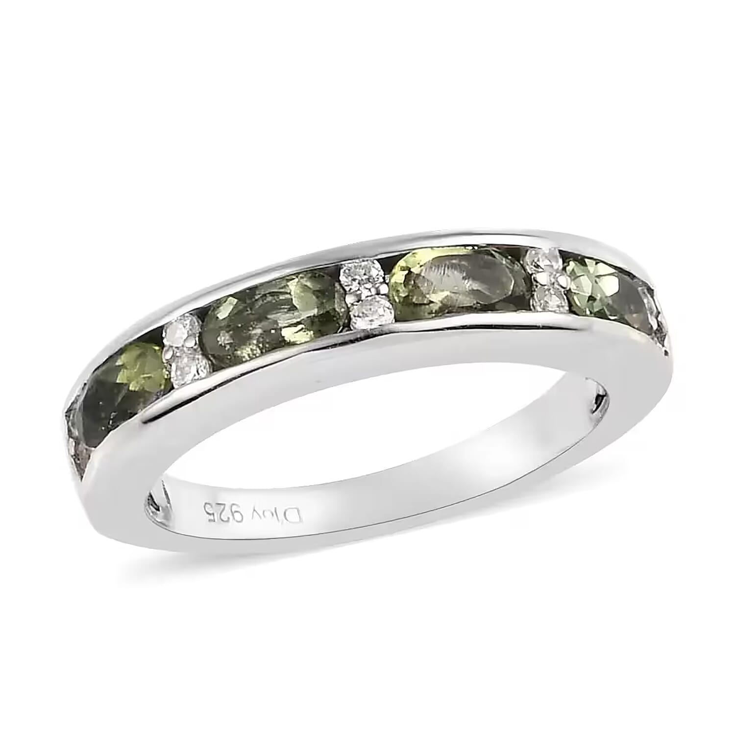 shop lc D'Joy Bohemian Moldavite White Zircon Half Eternity Band Ring in Platinum Over Sterling Silver 0.90 ctw