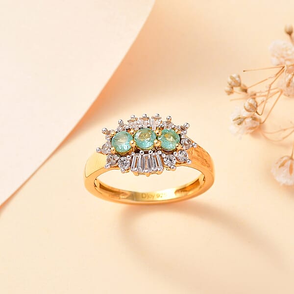 Shop Lc D'Joy Boyaca Colombian Emerald And White Zircon 1.00 Ctw Trifecta Brilliance Ring In 18K Vermeil Yellow Gold Over Sterling Silver
