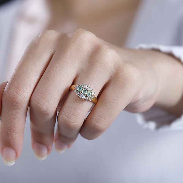 Shop Lc D'Joy Boyaca Colombian Emerald And White Zircon 1.00 Ctw Trifecta Brilliance Ring In 18K Vermeil Yellow Gold Over Sterling Silver