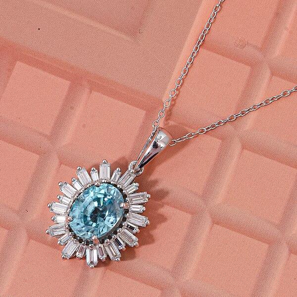 Shop Lc D'Joy Cambodian Blue Zircon And Moissanite 4.50 Ctw Stellar Bloom Pendant Necklace In Rhodium Over Sterling Silver 20 Inches