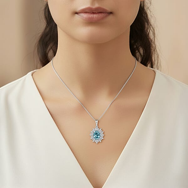 Shop Lc D'Joy Cambodian Blue Zircon And Moissanite 4.50 Ctw Stellar Bloom Pendant Necklace In Rhodium Over Sterling Silver 20 Inches