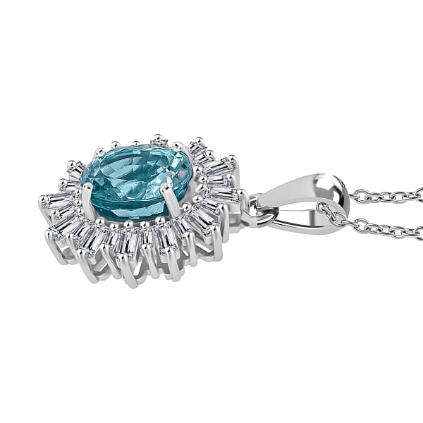 Shop Lc D'Joy Cambodian Blue Zircon And Moissanite 4.50 Ctw Stellar Bloom Pendant Necklace In Rhodium Over Sterling Silver 20 Inches