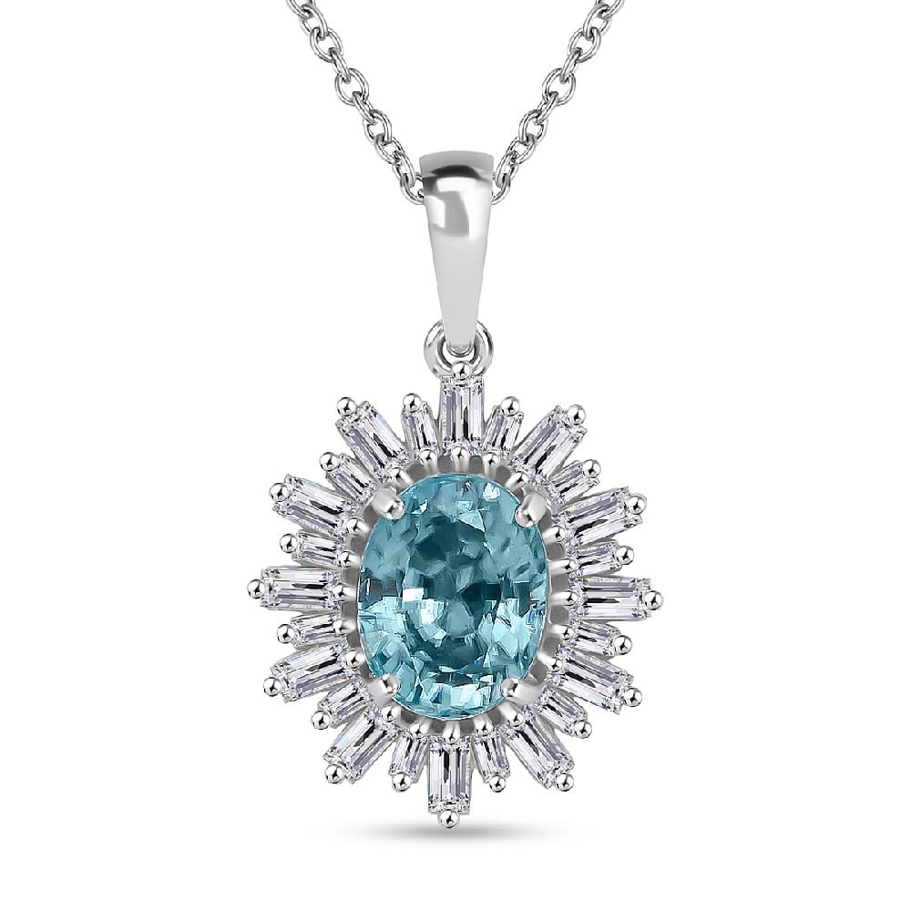 shop lc D'Joy Cambodian Blue Zircon and Moissanite 4.50 ctw Stellar Bloom Pendant Necklace in Rhodium Over Sterling Silver 20 Inches