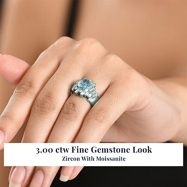 Shop Lc D'Joy Cambodian Blue Zircon Moissanite Deco Mirage Ring In Blue E-coat Sterling Silver 3.00 Ctw