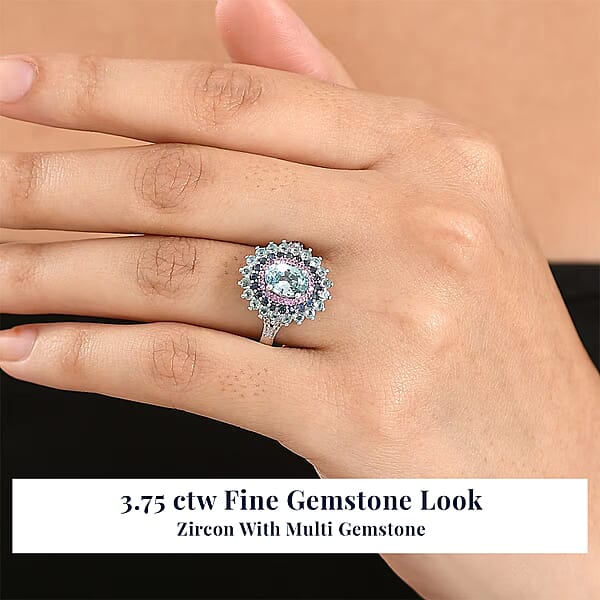 Shop Lc D'Joy Cambodian Blue Zircon Multi Gemstone Ring In Rhodium Over Sterling Silver 3.75 Ctw
