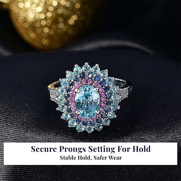 Shop Lc D'Joy Cambodian Blue Zircon Multi Gemstone Ring In Rhodium Over Sterling Silver 3.75 Ctw
