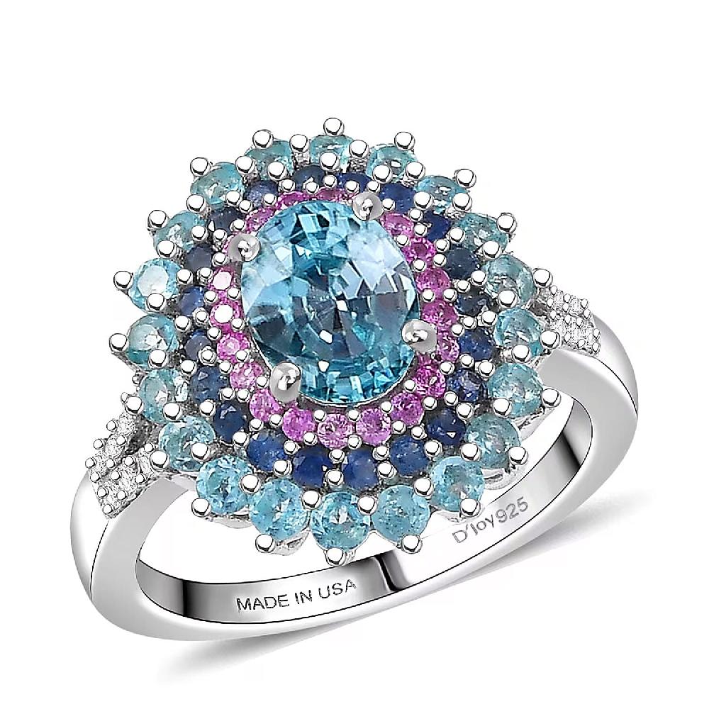 shop lc D'Joy Cambodian Blue Zircon Multi Gemstone Ring in Rhodium Over Sterling Silver 3.75 ctw