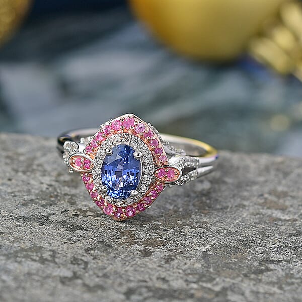 Shop Lc D'Joy Ceylon Blue Sapphire And Multi Gemstone 1.80 Ctw Celestial Halo Ring In Rhodium Over Sterling Silver