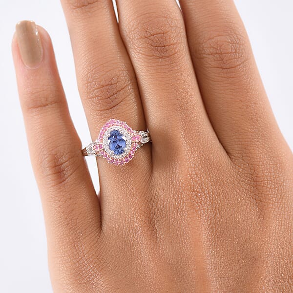 Shop Lc D'Joy Ceylon Blue Sapphire And Multi Gemstone 1.80 Ctw Celestial Halo Ring In Rhodium Over Sterling Silver