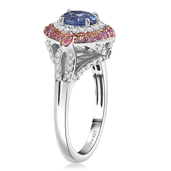 Shop Lc D'Joy Ceylon Blue Sapphire And Multi Gemstone 1.80 Ctw Celestial Halo Ring In Rhodium Over Sterling Silver