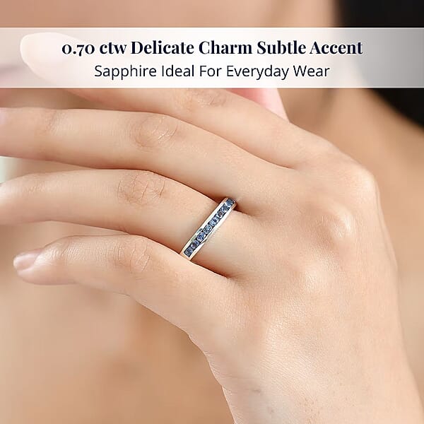 Shop Lc D'Joy Ceylon Blue Sapphire Half Eternity Band Ring In Rhodium Over Sterling Silver 0.70 Ctw