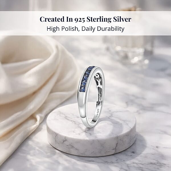 Shop Lc D'Joy Ceylon Blue Sapphire Half Eternity Band Ring In Rhodium Over Sterling Silver 0.70 Ctw