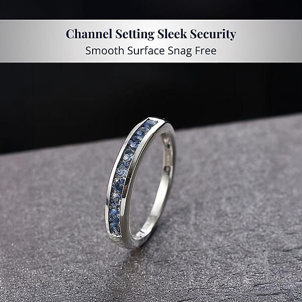 Shop Lc D'Joy Ceylon Blue Sapphire Half Eternity Band Ring In Rhodium Over Sterling Silver 0.70 Ctw