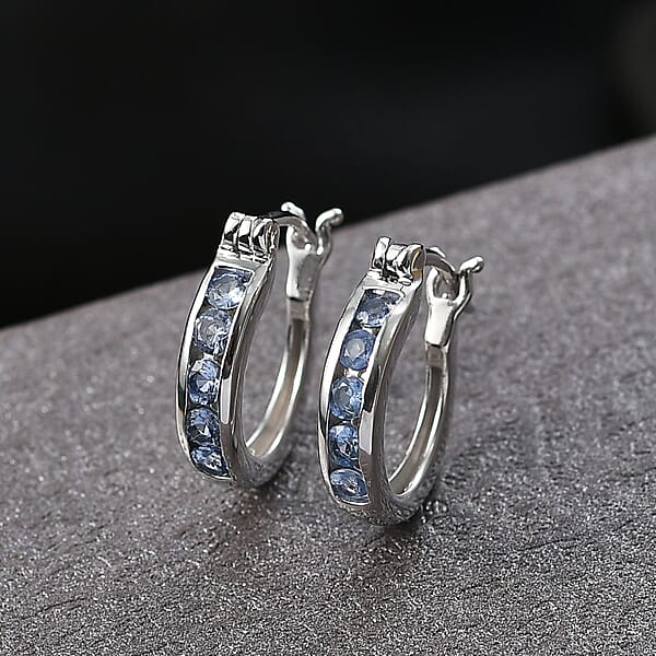 Shop Lc D'Joy Ceylon Blue Sapphire Hoop Earrings In Rhodium Over Sterling Silver 0.75 Ctw