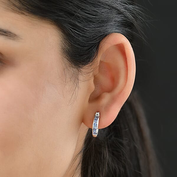 Shop Lc D'Joy Ceylon Blue Sapphire Hoop Earrings In Rhodium Over Sterling Silver 0.75 Ctw