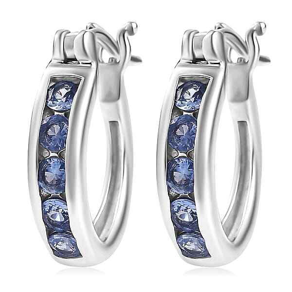 Shop Lc D'Joy Ceylon Blue Sapphire Hoop Earrings In Rhodium Over Sterling Silver 0.75 Ctw