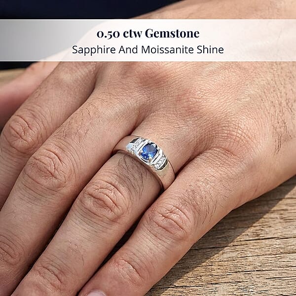 Shop Lc D'Joy Ceylon Blue Sapphire Moissanite Men's Ring In Rhodium Over Sterling Silver 0.50 Ctw