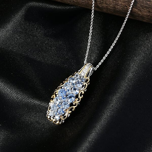 Shop Lc D'Joy Ceylon Blue Sapphire White Zircon Pendant Necklace In 18K Vermeil YG And Rhodium Over Sterling Silver 1.90 Ctw (20 Inches)