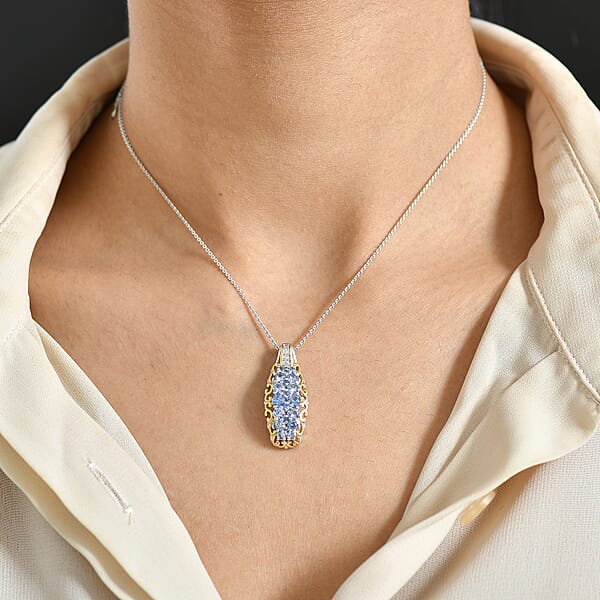 Shop Lc D'Joy Ceylon Blue Sapphire White Zircon Pendant Necklace In 18K Vermeil YG And Rhodium Over Sterling Silver 1.90 Ctw (20 Inches)
