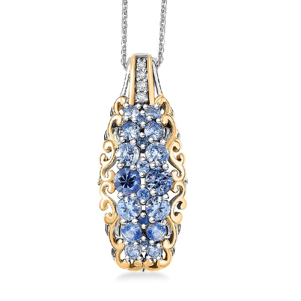 shop lc D'Joy Ceylon Blue Sapphire White Zircon Pendant Necklace in 18K Vermeil YG and Rhodium Over Sterling Silver 1.90 ctw (20 Inches)