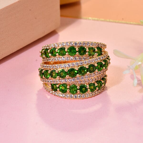 Shop Lc D'Joy Chrome Diopside And White Zircon 6.60 Ctw Crossover Bridge Ring In 18K Vermeil Yellow Gold Over Sterling Silver